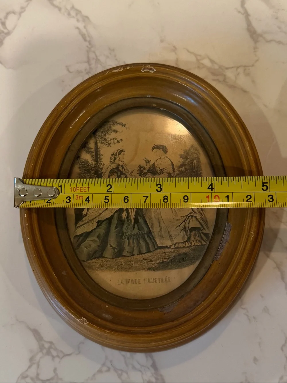 Antique French Fashion Prints in Oval Wood Frames La Mode Illustrée 6” Set of 2
